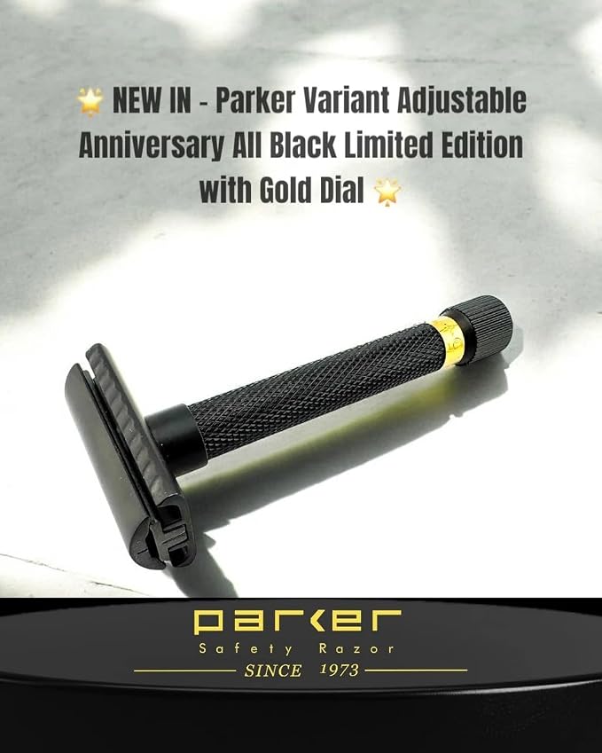 Parker Variant Adjustable Double Edge Safety Razor, Black and Gold | Solid Brass Two-Piece Razor Offers Five Adjustable Settings, Heavyweight Balance And A Distinctive Black-And-Gold Finish.