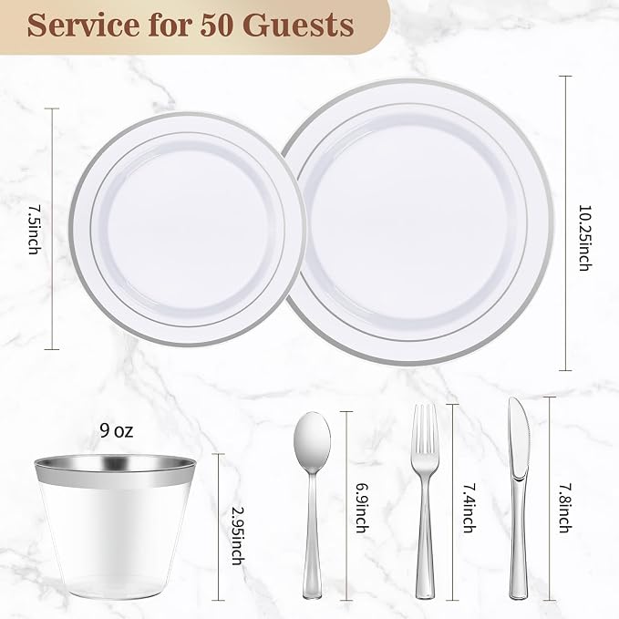 BESTVIP 300PCS Plastic Dinnerware Set (50 Guests), Silver Disposable Plates for Party, Wedding, Christmas, Anniversary, Includes: Dinner Plates, Dessert Plates, Cups, Spoons, Forks and Knives