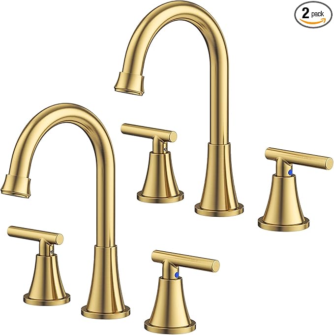 Bathroom Faucets for Sink 3 Hole, Hurran Brushed Gold Bathroom Sink Faucet with Pop-up Drain and Supply Lines, Stainless Steel Lead-Free Widespread Faucet for Vanity RV, 2 Pack