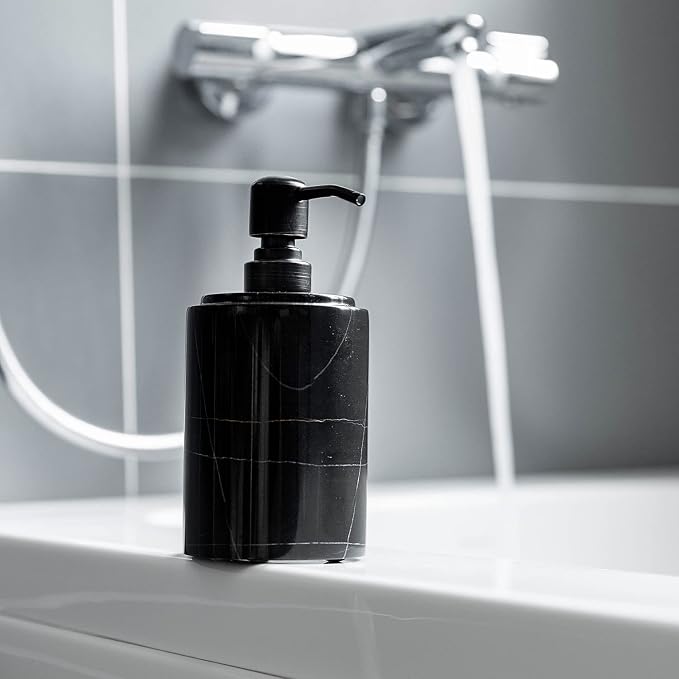 JIMEI Black Marble Soap Dispenser Hand or Dish for Bathroom & Kitchen | Decorative Natural Stone Liquid Soap/Lotion Dispenser - Stainless Steel Soap Dispenser Easy-Glide Pump - Refillable