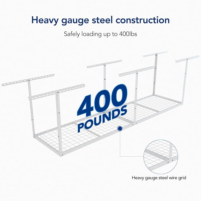 FLEXIMOUNTS 2x8 Overhead Garage Ceiling Storage Rack Organization, White | 400lbs Weight Capacity, 22"-40" Adjustable Organization System, Heavy-Duty Metal Ceiling Racks, Classic Series
