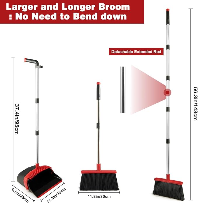 Broom and Dustpan Set for Home, Broom with Dustpan Cleaning Teeth Combo Set, Indoor Sweep Broom with Long Handle for Office Home Kitchen Lobby Floor (Black Red)