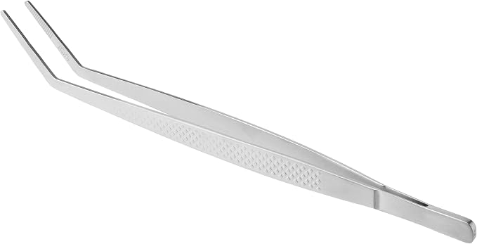 Mercer Culinary 18-8 Stainless Steel Precision Plus Chef Plating Tong, Curved Tip, 9-3/8 Inch