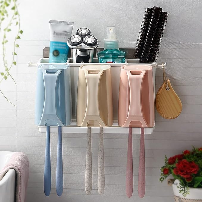Toothbrush Rack Wall-Mounted Toothbrush Holder Bathroom Toothbrush Holder with Three Sinks with Cups for Toothpaste and Makeup Bathroom Toothbrush Holder