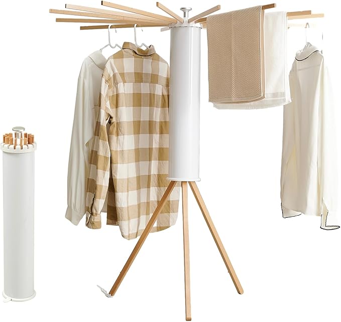 RFOUO Clothes Drying Rack Tripod,Foldable Portable Laundry Drying Rack with Wooden 16 Rods, Space-Saving Freestanding Clothes Rack for Indoor Outdoor, Apartment, Bedroom, Laundry Room