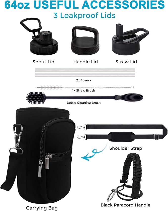 Travel Water Bottle with Carrying Bag, 3 Lids (Spout, Straw, Handle), and Bottle Brush; Leak Proof, Quality, Vacuum Insulated, Stainless Steel (Deep Water, 64 oz)