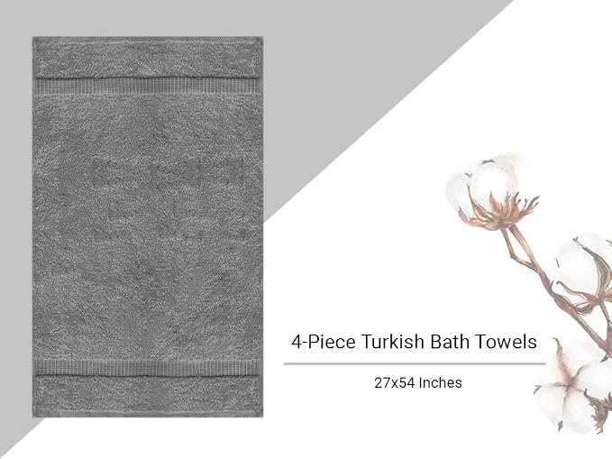 Towel Bazaar 4-Piece Bath Towel Set, Cotton Turkish Towels, 27x54 Luxury Towel Super Soft and Absorbent, Perfect Use for Bathroom, Shower Towels - Gray
