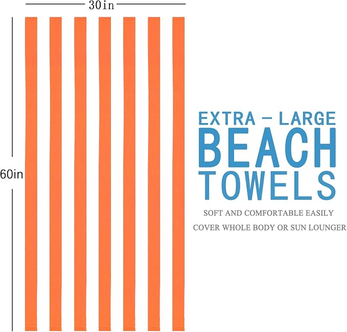 Genovega 6 Packs Stripe Beach Towel Thin Terry Set XL Big Extra Large Oversized Accessories Essentials Soft Super Clearance Pool Swim Camping Travel Bath Towels Bulk Men Women Adults Gift Orange