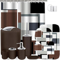 Lnond Brown Bathroom Set, 23-Piece Brown Geometric Bathroom Decor Set with with Shower Curtain and Rugs, Trash Can, Toilet Brush Holder Set & Soap Dispenser