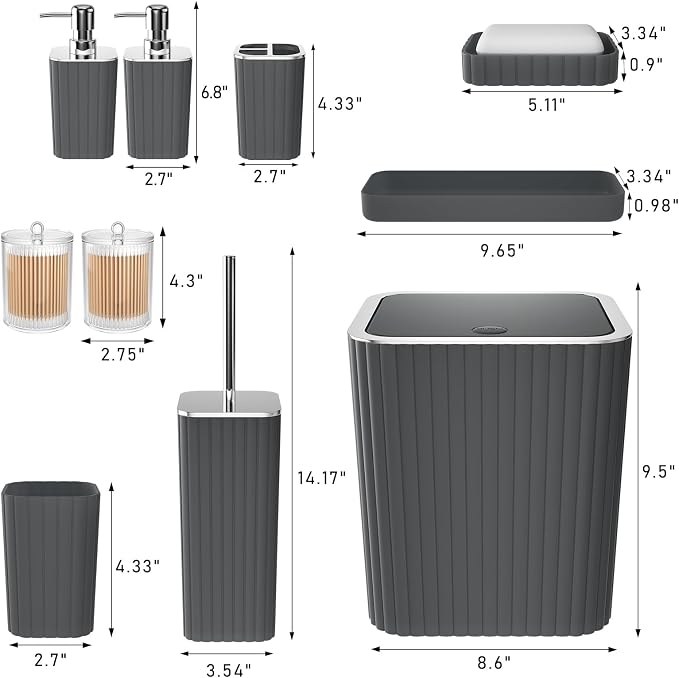 XLHOMO Bathroom Accessories Set - Gorgeous Grey Bathroom Set, 10PC Bathroom Accessory Set, Gray Bathroom Accessories Set, Trash Can, Qtip Holder Dispenser & Soap Dispenser