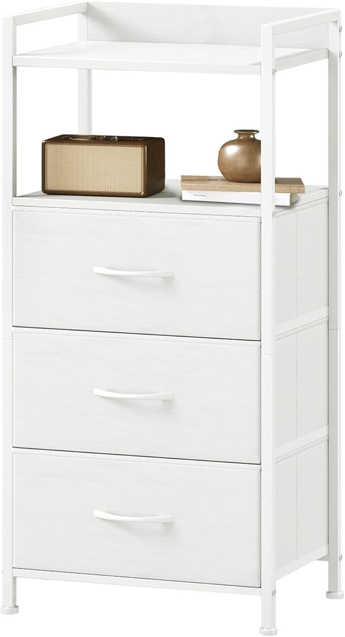 Somdot Nightstand with 3 Drawers, Dresser with Fabric Bins for Bedroom, Hallway, Entryway, Night Stand Bedside Table Furniture, Sturdy Steel Frame, Wooden Top, Easy Pull Fabric Bins, White Leather