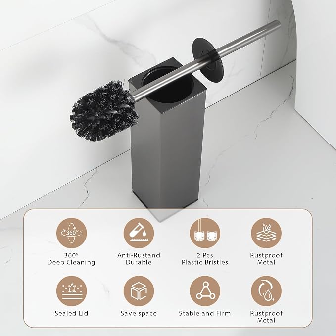 BGL Standing Toilet Brush and Holder GunGrey Aluminium Toilet Bowl Cleaner Brush and Holder for Bathroom Storage and Organization, Square Design Sturdy and Space Saving