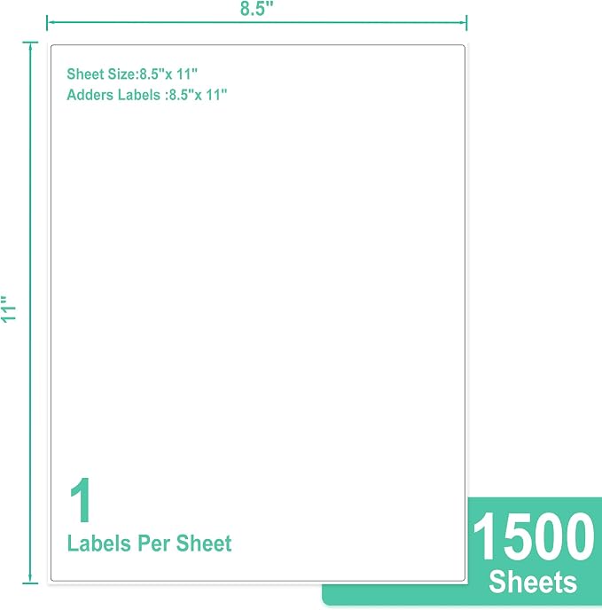 L LIKED 1500 Full Sheet Printable Sticker Paper, 8.5" x 11" White Matte Labels - 1 Label Per Sheet, Laser & Inkjet Printer Compatible, Bulk Pack for Shipping, Home & Office