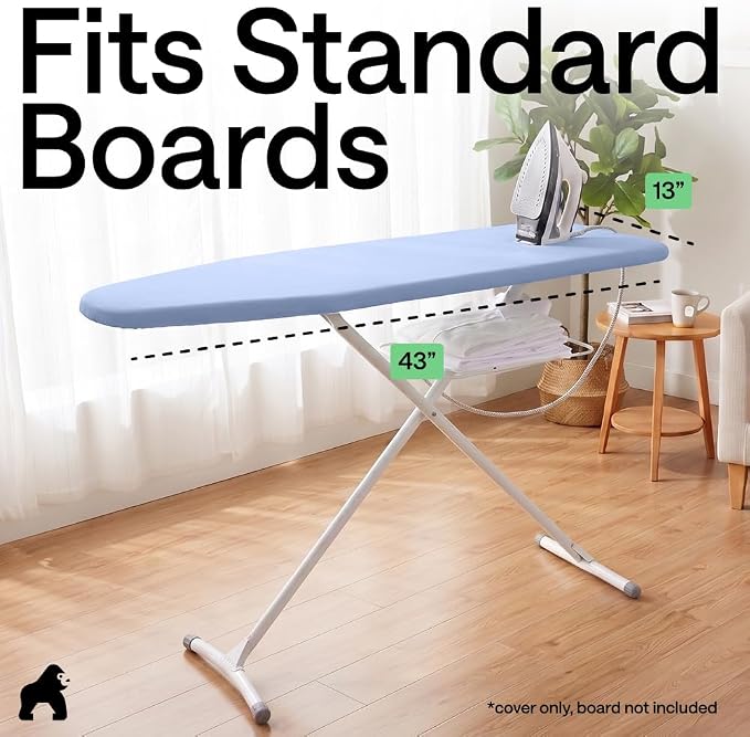 GORILLA GRIP The Original Ironing Board Cover and Pad, Silicone Coating, 400°F Scorch Resistant Thick Padding, Heavy Duty Iron Covers Standard Boards, Hook and Loop Fastener Strap, Blue 13x43