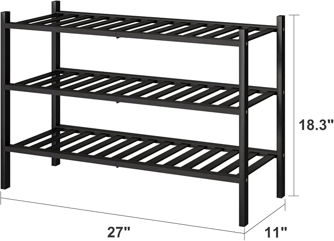 viewcare 3-Tier Black Bamboo Shoe Rack for Entryway, Stackable | Foldable | Natural, Shoe Shelf Storage Organizer for Hallway Closet, Free Standing Shoe Racks for Indoor Outdoor
