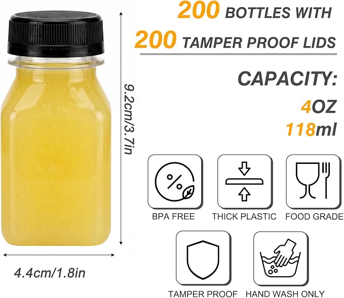 TOMNK 200pcs Juice Bottles with Caps, 4oz Plastic Containers with Lids Empty Reusable Clear Ginger Shots Bottles with Label, Funnel, and Brush Beverage for Juicing, Smoothies, Drinking, Fridge