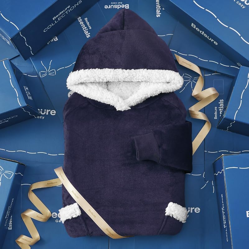 Bedsure Wearable Blanket Hoodie, Long Hooded Blanket Sweatshirt as Christmas Birthday Gifts for Men, Cozy Sherpa Hoodie for Adult, Oversize, Dark Purple