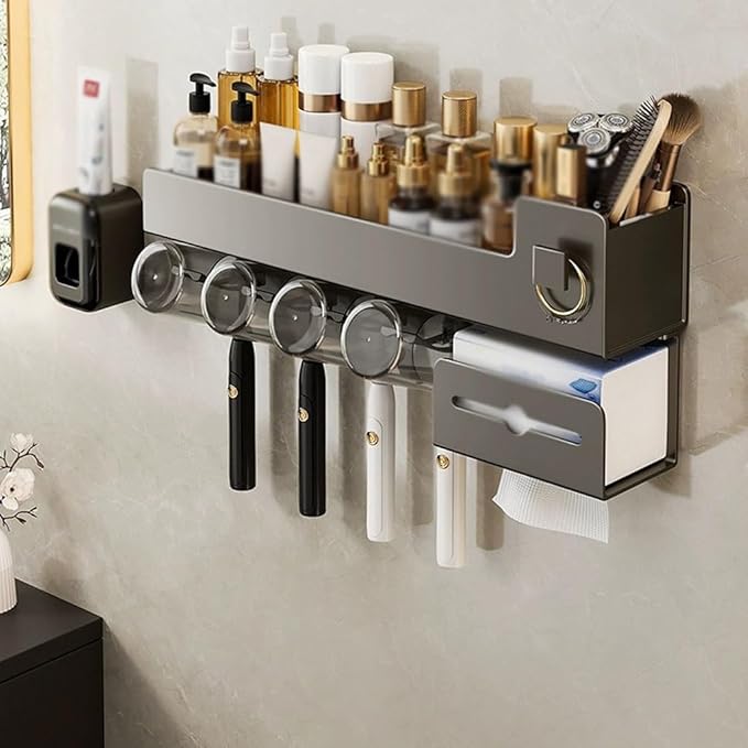 Toothbrush Rack Aluminum Toothbrush Holder Gun Gray Toothpaste Holder Multi-Storage Space Storage Bracket Wall-Mounted No Punching Required Bathroom Toothbrush Holder(L27.3cm)