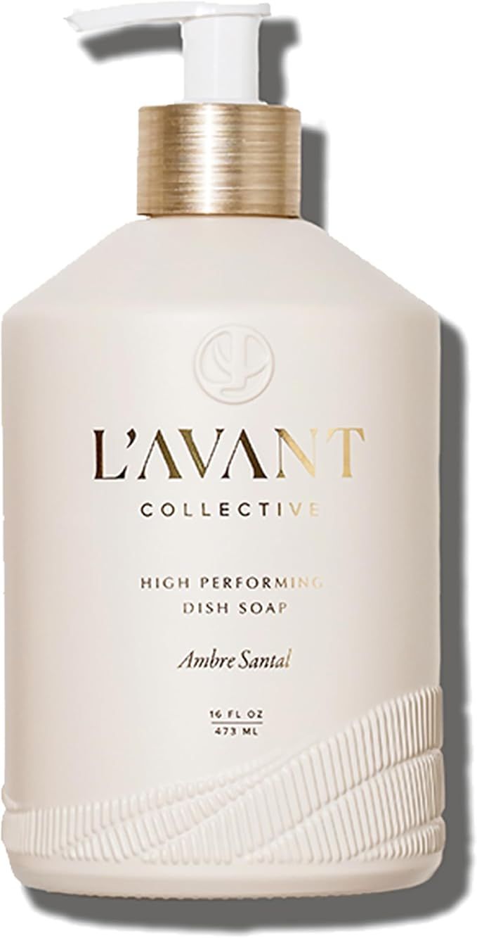 L'AVANT Collective Natural Luxury Dish Soap | Plant-Based, Non-Toxic & Grease-Cutting, Safe for Kids & Pets, Refillable Glass Bottle with Pump, 16 Fl Oz | Ambre Santal