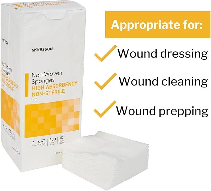 McKesson Non-Woven Sponges, Non-Sterile, 4-Ply, High Absorbency, Polyester/Rayon, 4 in x 4 in, 200 per Pack (Pack of 10)