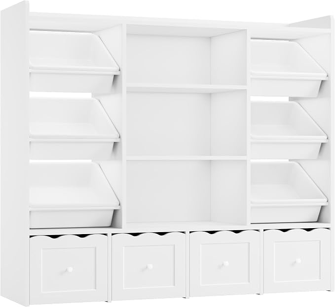 HITHOS 55" W Kids Toy Storage Organizer with 10 Toy Box & Book Shelf, White | Large Toy Organizers and Storage with Kids Bookshelf & 6 Plastic Toy Chests & 4 Movable Drawers for Kids Room, Playroom