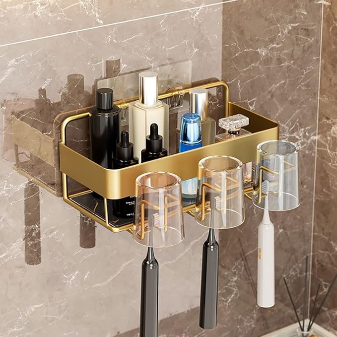 Toothbrush Rack Nordic Light Luxury Wall-Mounted Metal Toothbrush Holder Multifunctional Bathroom Storage Rack with Mouthwash Cup Bathroom Toothbrush Holder(A)