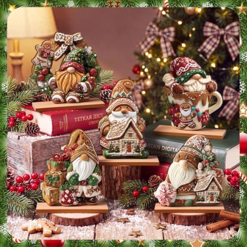 RattanView 5 Pcs Gingerbread Christmas Table Decorations Wooden Ginger Bread Gnome Decor Christmas Table Centerpiece Ginger Bread Village Decorations Xmas Gnome Tiered Tray Decor with Base for Home