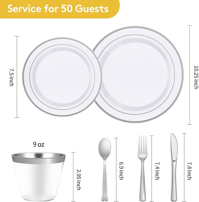 Goodluck 300-Piece Disposable Dinnerware Set for 50 Guests - Silver Plastic Plates, Salad Plates, Cutlery & Cups for Parties & Weddings