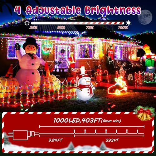 Hezbjiti 403FT 1000LED Color Changing Christmas Lights Outdoor, 11 Modes String Lights IP44 Waterproof Fairy Lights for Party Wedding Tree Decorations (Warm White and Multicolor, Green Wire)