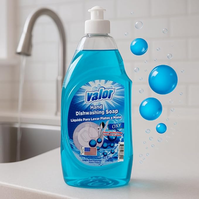 Valor Dishwashing Liquid, 25 fl oz – Dish Soap for Kitchen & Bathroom, Grease-Fighting, Gentle on Hands, Fast Rinse, Eco-Friendly Biodegradable Formula (25.5 oz (Pack of 6), Oxy Power)