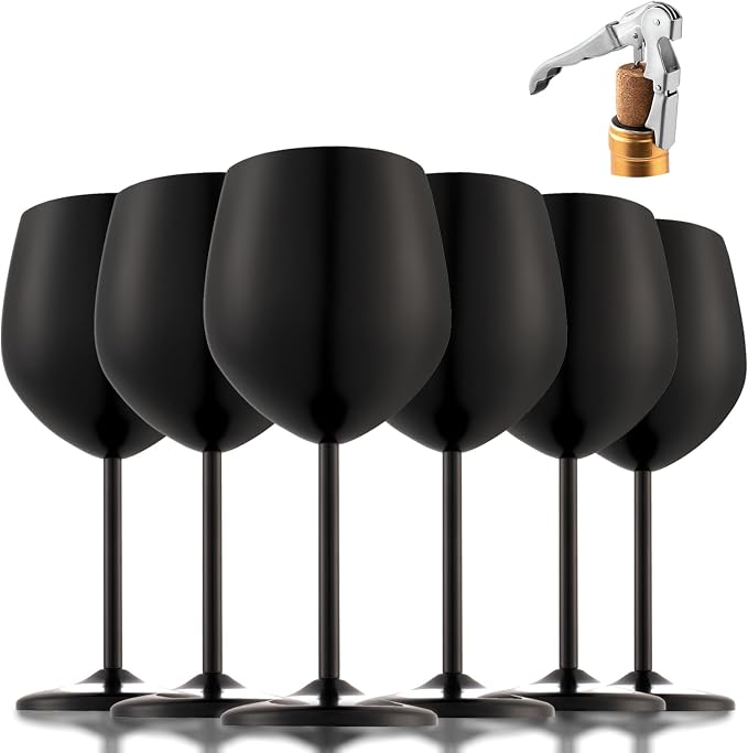 UNISWEET Stainless Steel Wine Glasses Set of 6 with 1 Corkscrew, Matte Black