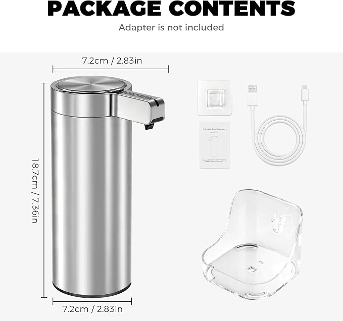 Touchless Automatic Soap Dispenser Stainless Steel with Sensor Infrared 9 oz Electric IPX5 Waterproof USB-C Charging Motion Sensor for Kitchen & Bathroom (Silver)