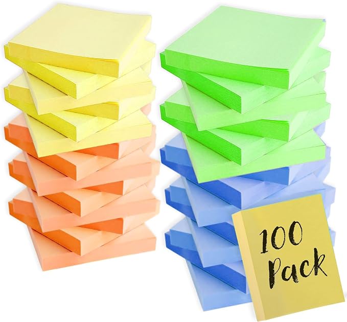 Trailmaker (100 Pack) Sticky Notes Bulk Set, 3x3 Self Stick Memo Pads with 100 Sheets Each, Sticky Notes for Classrooms, Offices, School Supplies & Organization (Assorted Colors)