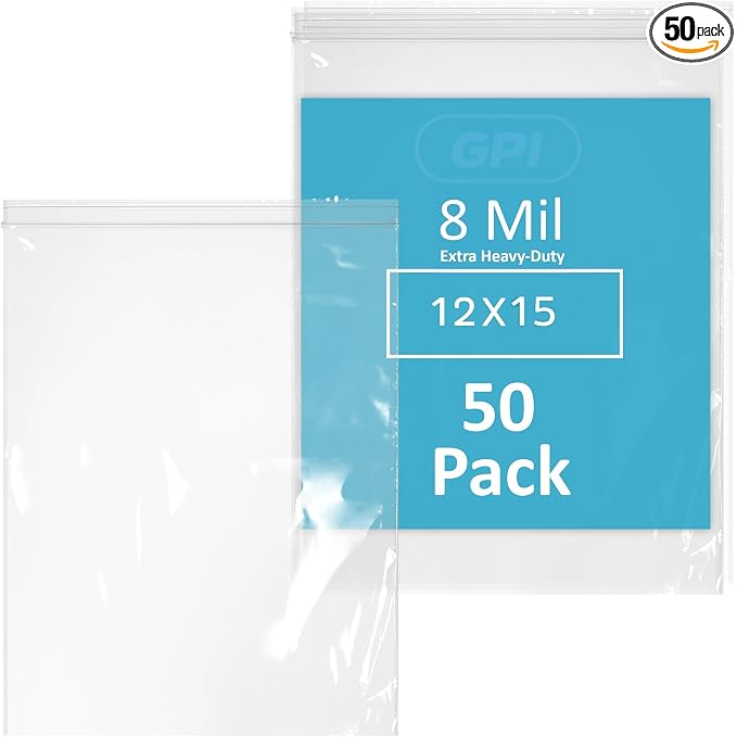 GPI - 12" x 15" Ultra Heavy-Duty Zip Bags, Large 8 Mil Thick Reclosable Puncture-Resistant Plastic Zipper Baggies, Resealable Poly Zip Top Bag for Construction, Tools & Sharp Objects. 50 Count