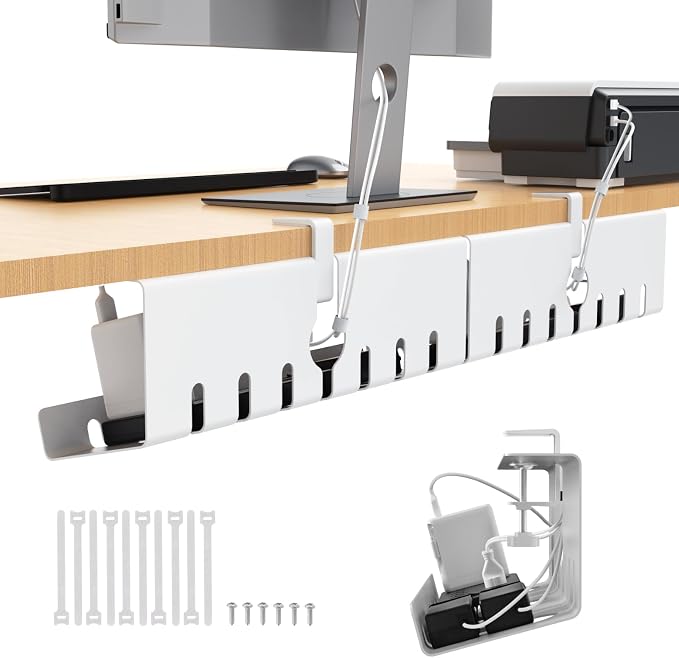 Syeeiex Under Desk Cable Management Tray, 34" Total Length (17"×2 Set), No-Drill C-Clamp & Screw Mount, Heavy Duty Metal Cord Organizer with 10 PCS Cable Ties, for Office Home Workspace, White, 2-Pack