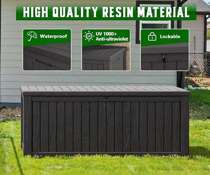 151 Gal Deck Box, Outdoor Storage Box Waterproof Lockable, Gas Lift,Black | Large sturdy grey resin deck box, double wall panels, waterproof backyard storage for package delivery, garden hoses tools