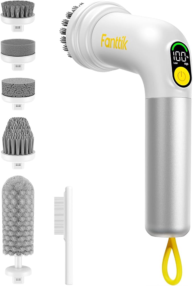 Fanttik G9 Handy Cordless Electric Spin Scrubber, MagnaStorm Motor, Dual-Speed, 5 Brush Heads, LED Display, IPX7 Waterproof, 2500mAh with Type-C Charging, for Kitchen, Sink, Tile, Stove- White