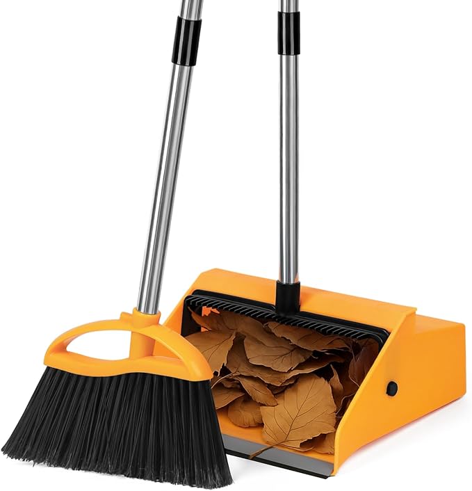 REEWII Large Broom and Dustpan Set，Long Handle Upright Dust Pan Outdoor Indoor for Courtyards, Garages, Lobbies, Shopping Malls, Market Floors, Sidewalks, Classroom Floor Cleaning