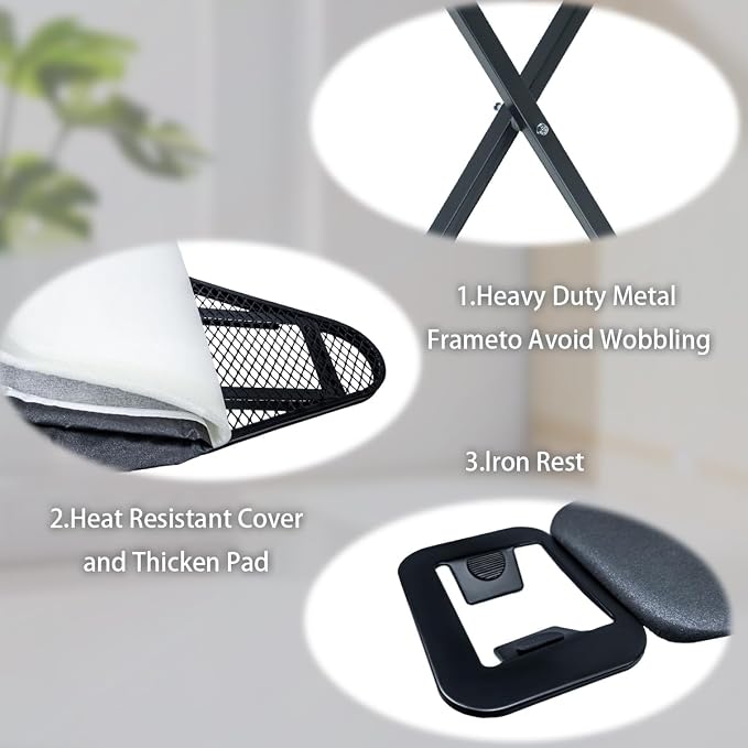 Duwee 12"x36" Ironing Board with Heat Resistant Cover and Thicken Felt Pad | Folding Adjustable Height Compact Ironing Board,Light Weight,Easy to Storage,Black