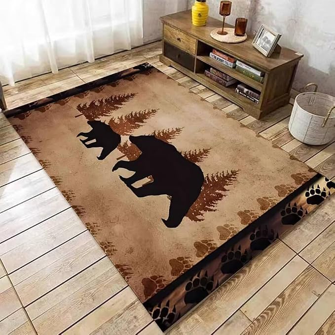 Black Bear Patchwork Pattern Rug for Bedroom Non-Slip Low Pile Rustic Lodge Cabin Bear Area Rugs Office Decor Luxury Natural Wildlife Animal Print Carpet Footprints Rug 5'x7'
