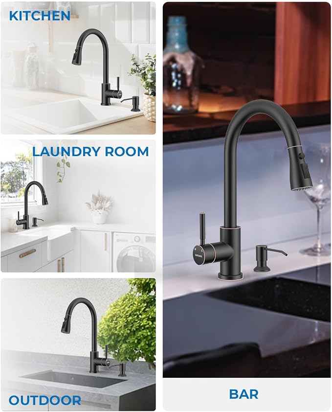 WEWE Kitchen Faucet with Pull Down Sprayer and Soap Dispenser, Oil Rubbed Bronze High Arc Single Handle Stainless Steel Sink Faucet, Suitable for Farmhouse, RV & Laundry