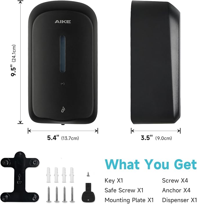 AIKE Liquid Automatic Soap Dispenser,33.8oz Capacity for Bathroom,Black | 5-Level Adjustable and Savety Key for Commercial(4*AA Batteries Not Included),Screw Wall Mount for Space-Saving,AK1226S