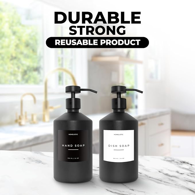 Luxury Glass Soap Dispenser Set of 2 - Elegant Black Glass Bottles with Matte Black Pumps, Ideal for Kitchen and Bathroom for Hand and Dish Soaps