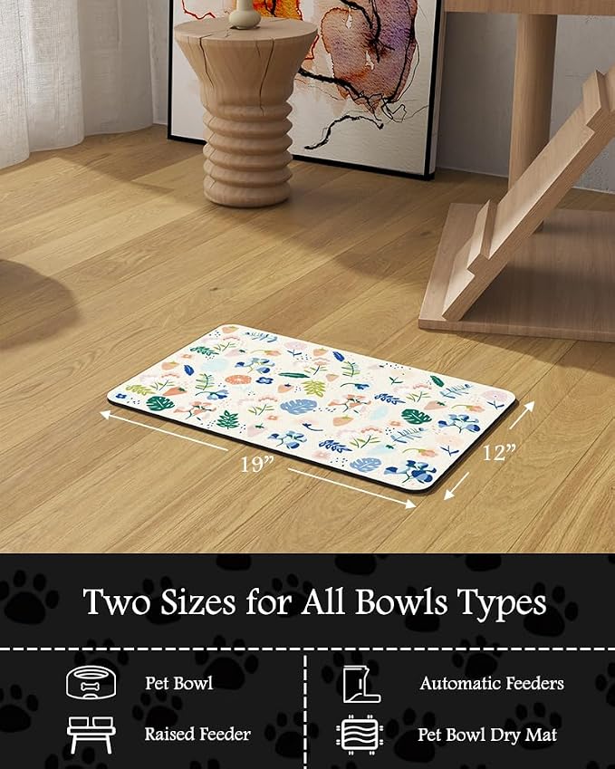 Pet Feeding Mat-Absorbent Dog Mat for Food and Water Bowl-No Stains Quick Dry Water Dispenser Mat-Dog Accessories Pet Supplies-Bowl for Messy Drinkers（LIGHTFLOWERS,12"x19"