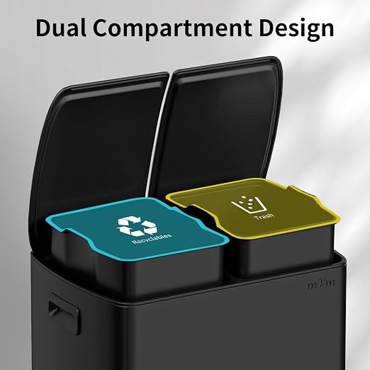 mVm Dual Trash Can, 16 Gal(2x8 Gal) Black Dual Compartment Kitchen Trash Can, Brushed Stainless Steel Garbage Recycling Bin for Home Office
