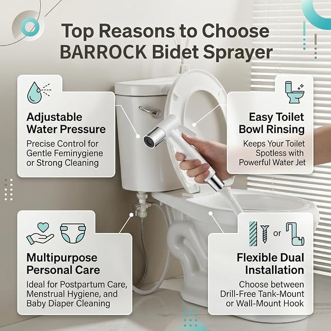 BARROCK Handheld Bidet Sprayer for Toilet, Stainless Steel Metal Made Baby Cloth Diaper Spraying Kit, Bathroom Toilet Bidet Attachment Set for Bathing Pets and Feminine Hygiene, Chrome and White