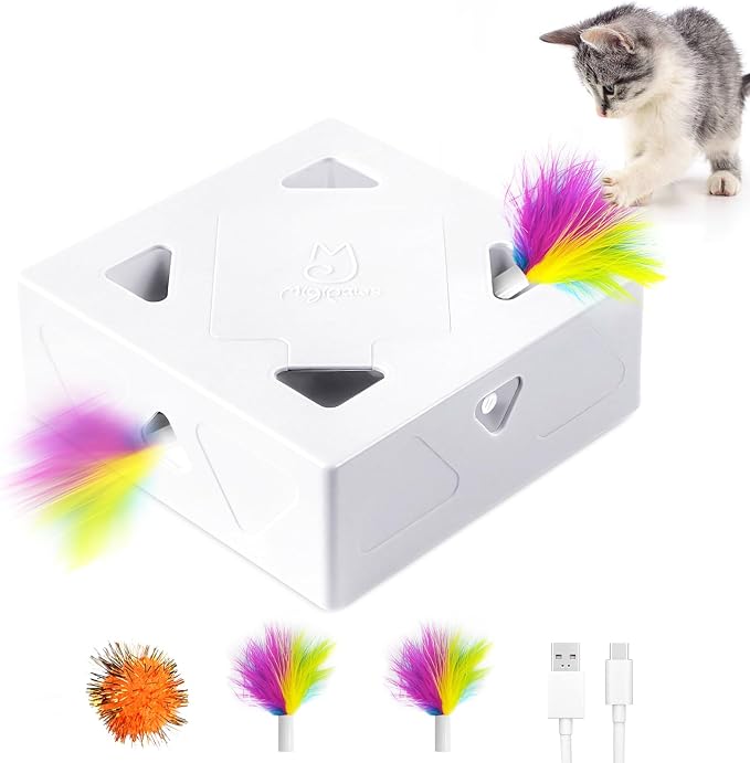 Migipaws Interactive Cat Toy -Migibox Without Popskin, Puzzle Toy for Indoor Bored Cats, Automatic Pop Out Feathers from 7 Holes Randomly, Motion Activated, USB Rechargeable