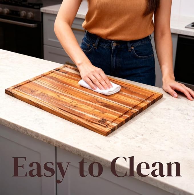 Teak Wood Cutting Board 18" x 14" x 0.6", 2-Piece Set for Kitchen Meat & Food Prep - Large Thin Edge Grain, Deep Juice Groove, Lightweight Solid Hardwood, Non-Toxic, BPA Free by New M Way