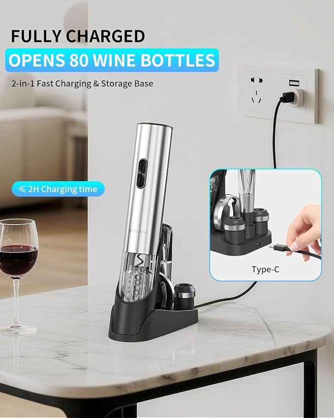 CIRCLE JOY Electric Wine Opener 7-in-1 Stainless Steel Rechargeable Electric Wine Bottle Opener Set with Automatic Vacuum Pump, Foil Cutter, Wine Pourer, 2 Vacuum Stoppers & Charging Station, Silver