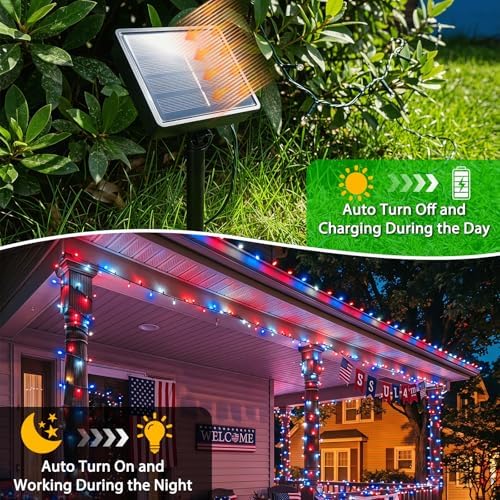 KAQ 2pack 500LED Solar String Lights Outdoor Waterproof Red White Blue